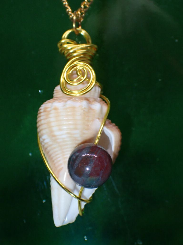 Small Conch Shell Wrapped in Gold Wire with Red Tiger Eye Bead on 20 inch Gold Chain