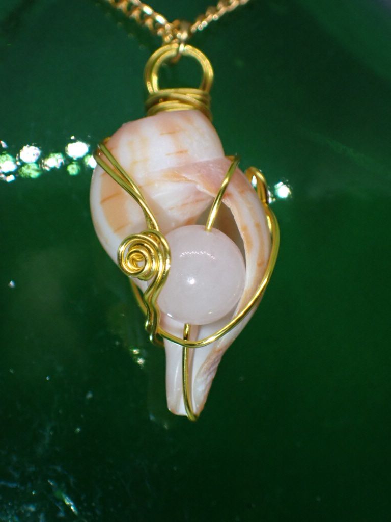 Small Welk Shell Wrapped in Gold Wire with Rose Quartz Bead on 20in Gold Chain