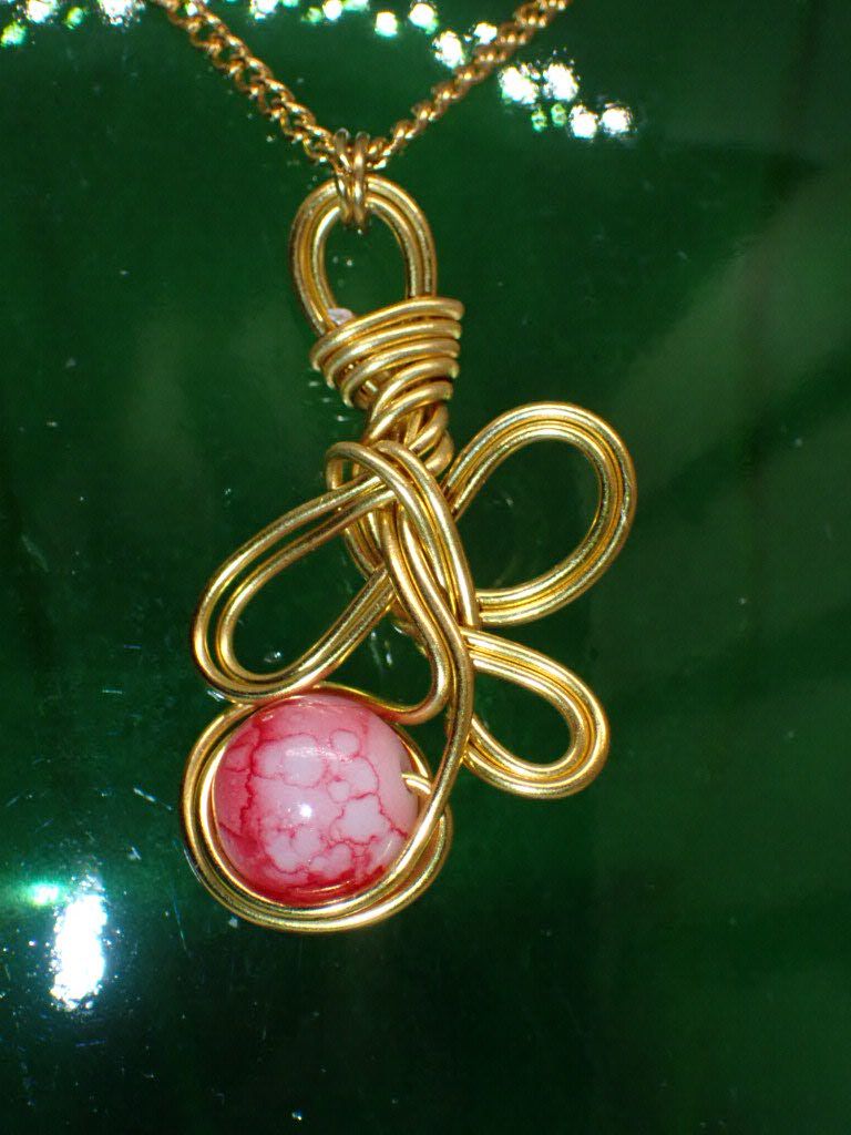 Pink Glass Bead Wrapped in Gold Wire on 20 inch Gold Chain With Lobster Clasp