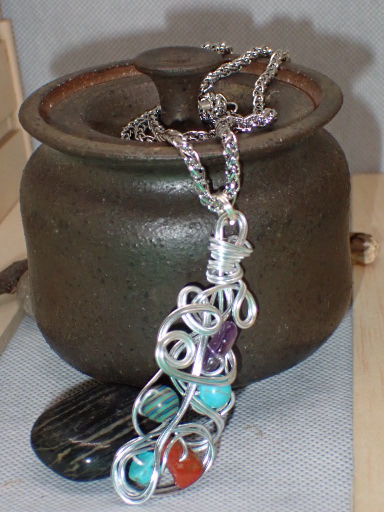 Amethyst, Turquoise, and Red Jasper Beads Wrapped with Silver Wire in 24 inch Silver Chain
