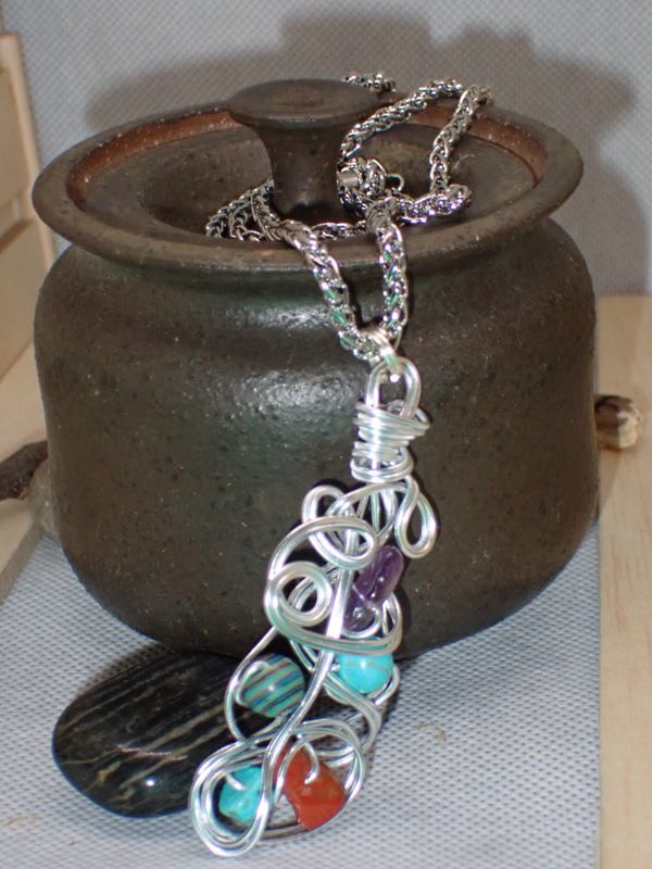 Amethyst, Turquoise, and Red Jasper Beads Wrapped with Silver Wire in 24 inch Silver Chain