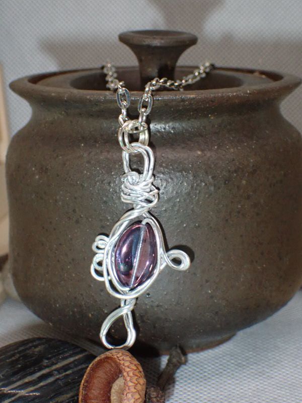 Light Purple Glass Bead Wrapped in Silver Wire on 18 inch Silver Chain
