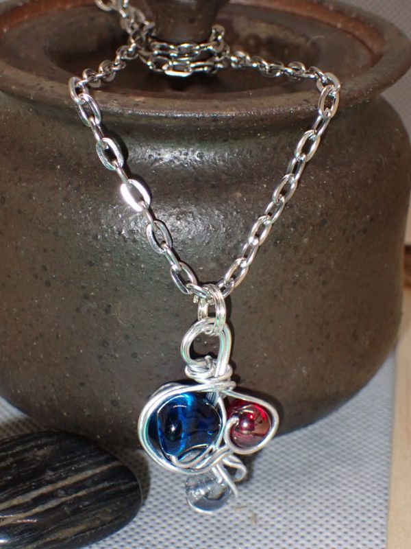Blue and Red Glass Beads Wrapped in Silver Wire on 18 inch Silver Chain