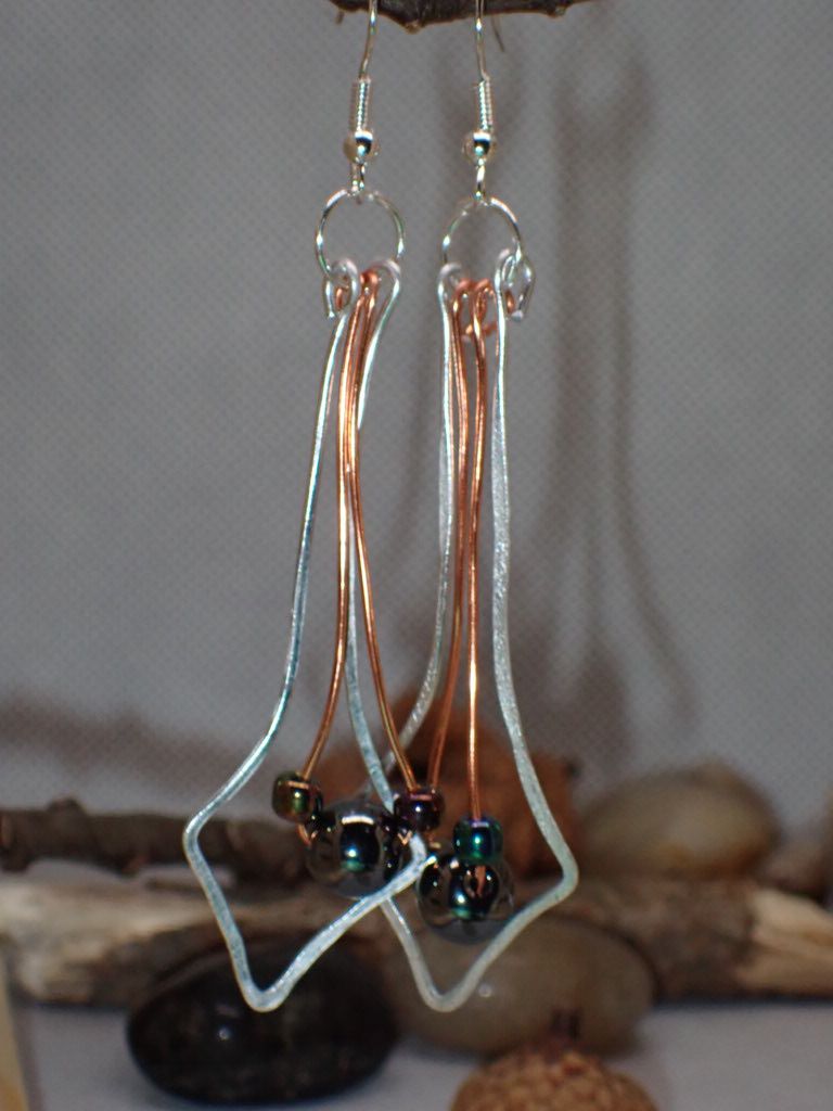 Copper and Silver Wire Earrings with Hematite and Iridescent Glass Beads