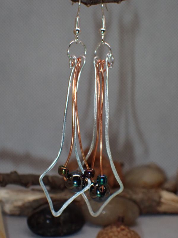Copper and Silver Wire Earrings with Hematite and Iridescent Glass Beads