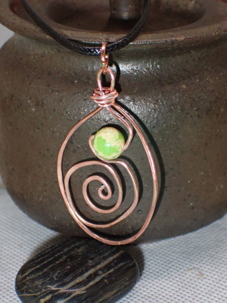 Green Glass Bead in Hammered Copper Spiral on a 16 inch Black Cord Necklace