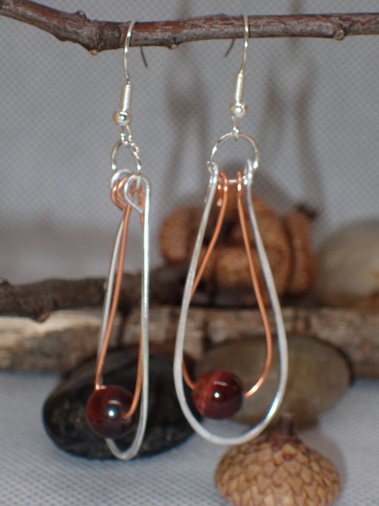 Copper and Silver Earrings with Red Tiger Eye Bead