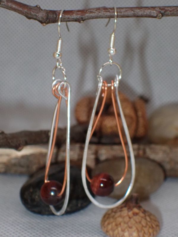 Copper and Silver Earrings with Red Tiger Eye Bead