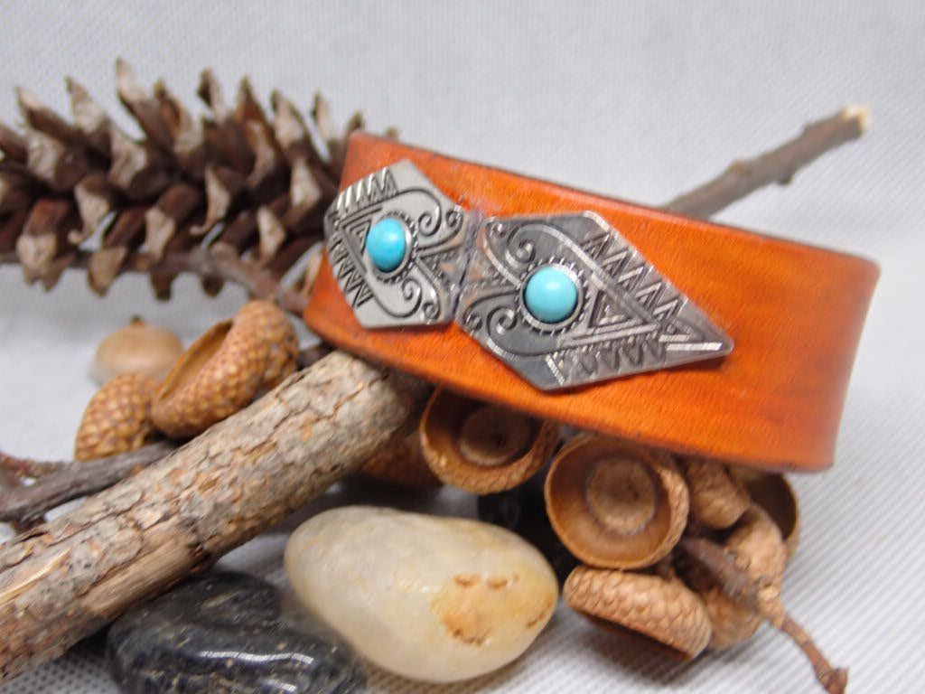 Wide Leather Bracelet with Silver and Turquoise