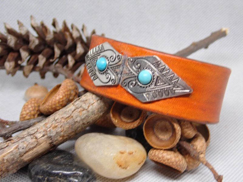 Wide Leather Bracelet with Silver and Turquoise