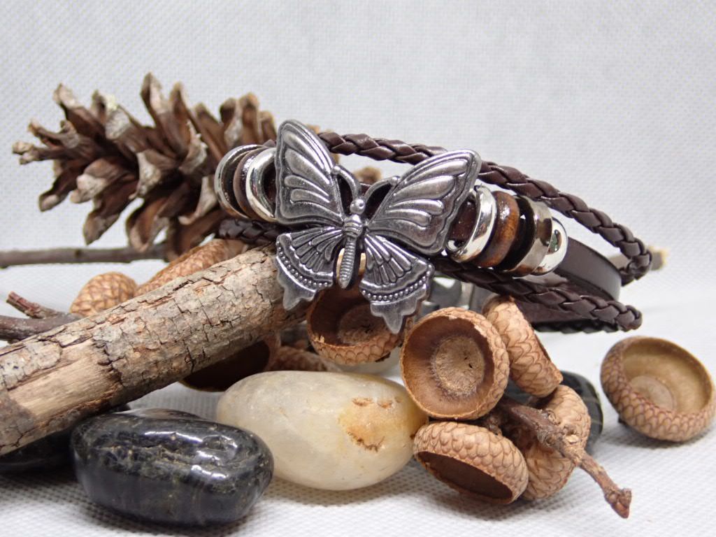 Thin Leather tri-cord bracelet with silver butterfly charm