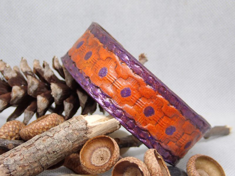 Hand painted Wide Leather Bracelet with Purple Accents
