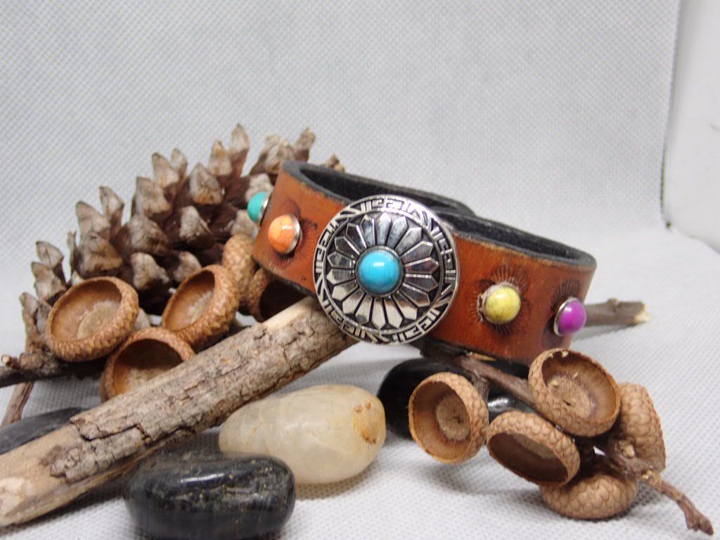 Wide leather cuff bracelet with turquoise and color accent stones