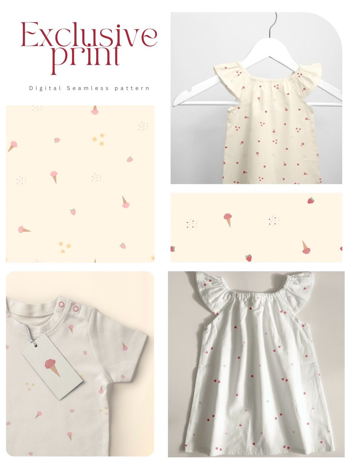 Strawberry Ice Cream – Exclusive Seamless Pattern (3 Variations)