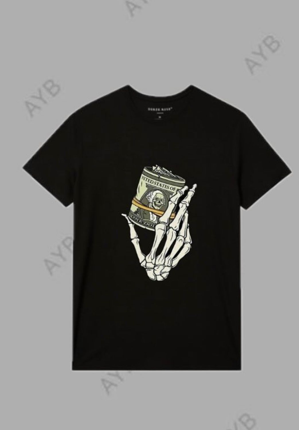 Black T-shirt, available in all sizes and colours