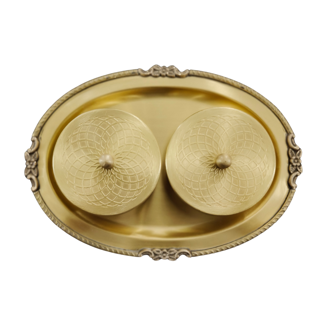 Elegant Brass Decorative Tray with Two Embossed Bowls – Perfect for Home Décor &amp; Gifting