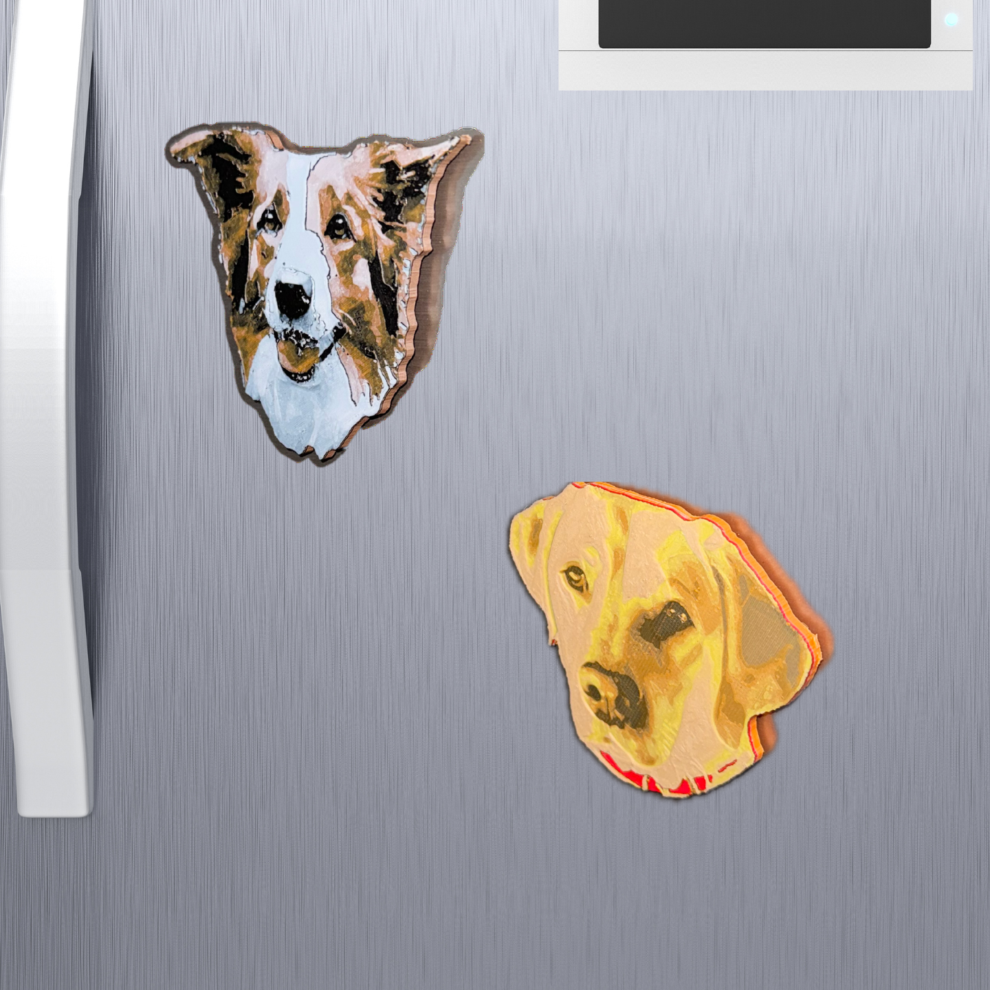 Two colourful 3D pet magnets on a fridge.