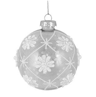 GLASS 8CM BAUBLE WHITE CLEAR FLOWER