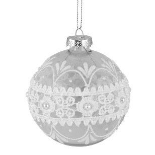 GLASS 8CM BAUBLE WHITE CLEAR LACE BELT