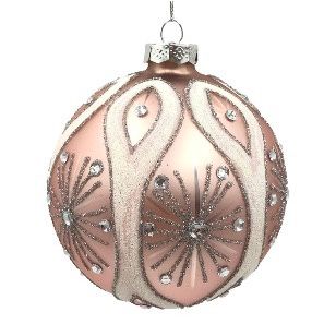 GLASS 10CM BAUBLE PINK SILVER DOTS