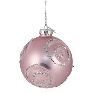 GLASS 8CM BAUBLE PINK SILVER SWIRL