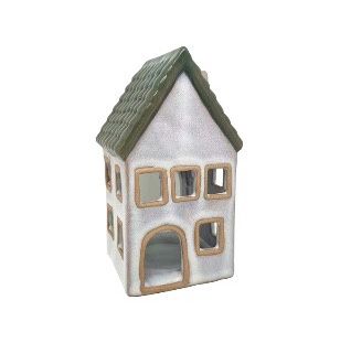 CERAMIC GREY GREEN TLIGHT HOUSE SML