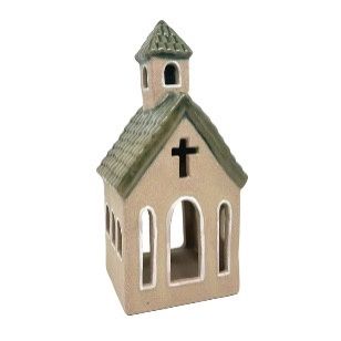 CERAMIC FAWN GREEN TLIGHT CHURCH