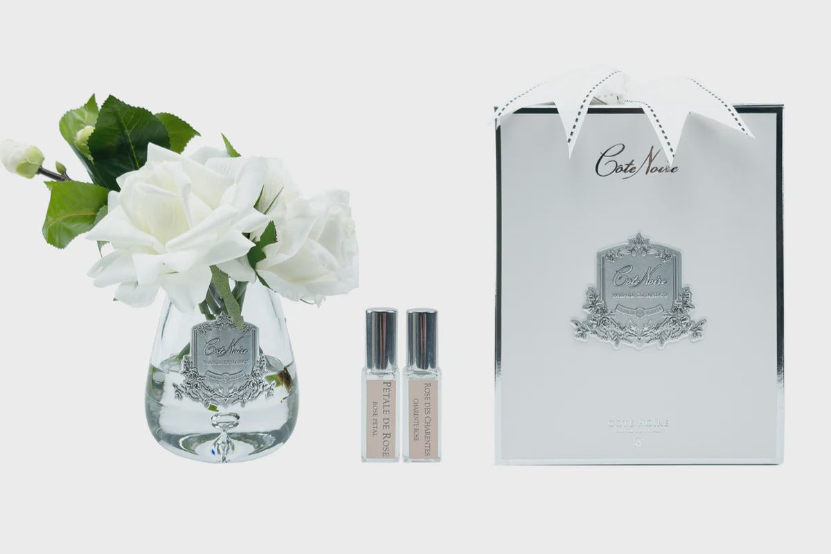 Tea Rose Bouquet Clear Tear Drop Glass - White