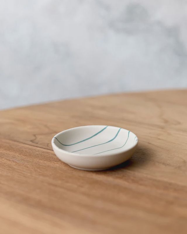 CONDIMENT BOWL 9cm - COASTAL JUNCTION CREAM w/GREEN STRIPE