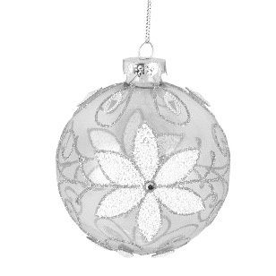 GLASS 8CM BAUBLE WHITE CLEAR POISETTIA