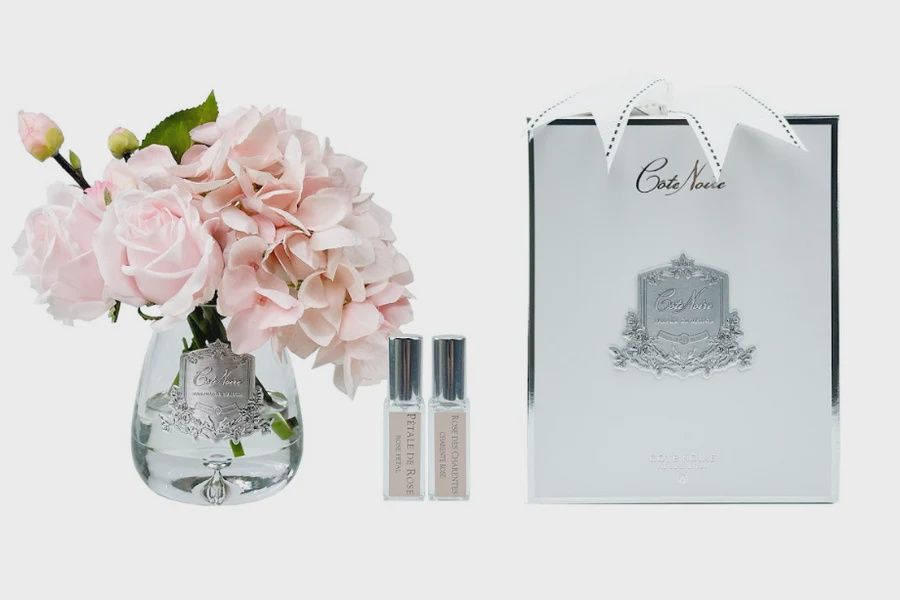 Tea Rose &amp; Hydrangea Bouquet Clear Tear Drop Glass - Pink