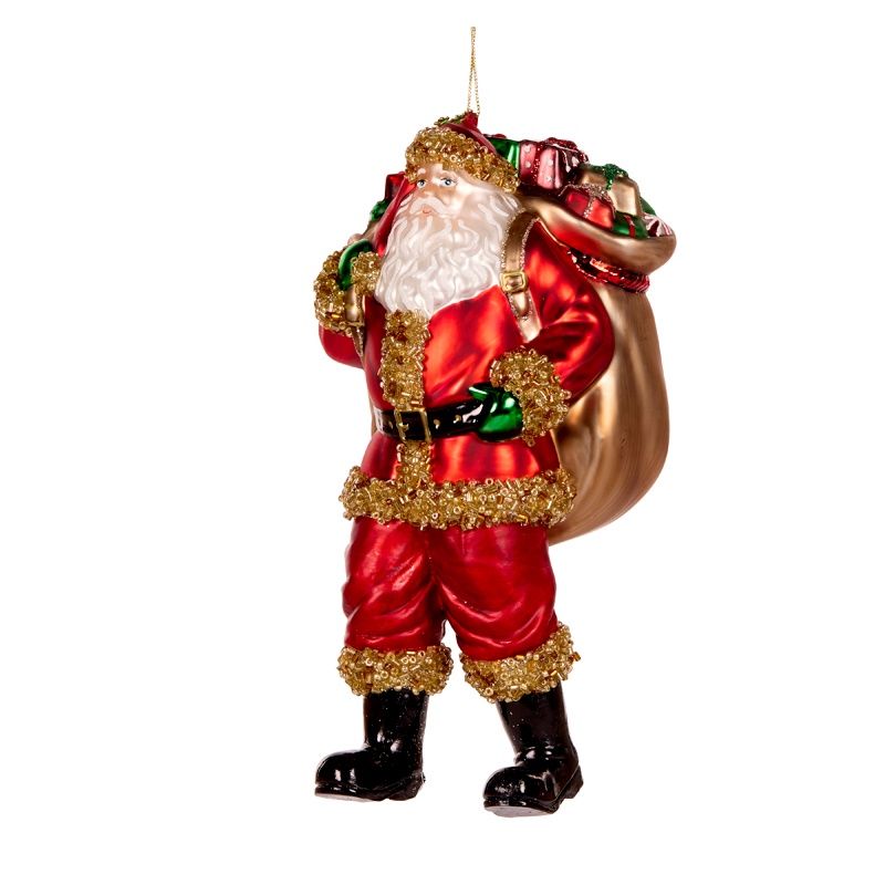 Santa With Present Sack Glass Ornament