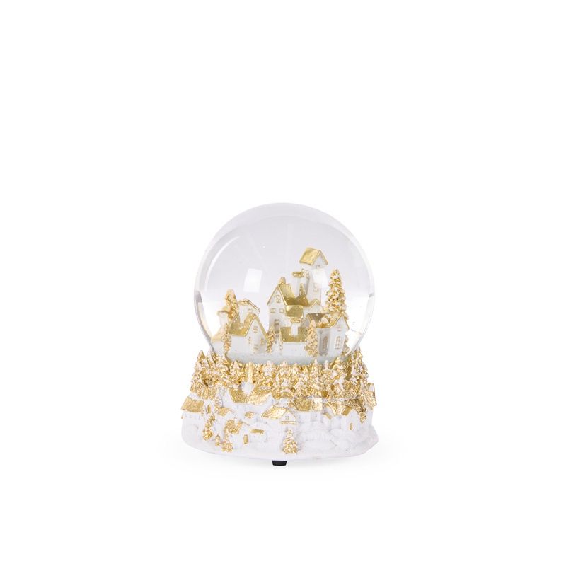Musical White And Gold Winter Village Snowglobe