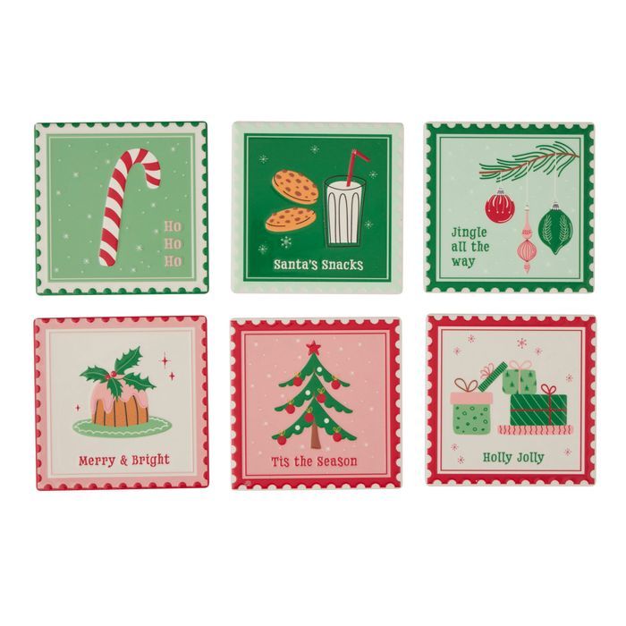 Xmas Stamp Ceramic Coaster 10cm 6 Asst