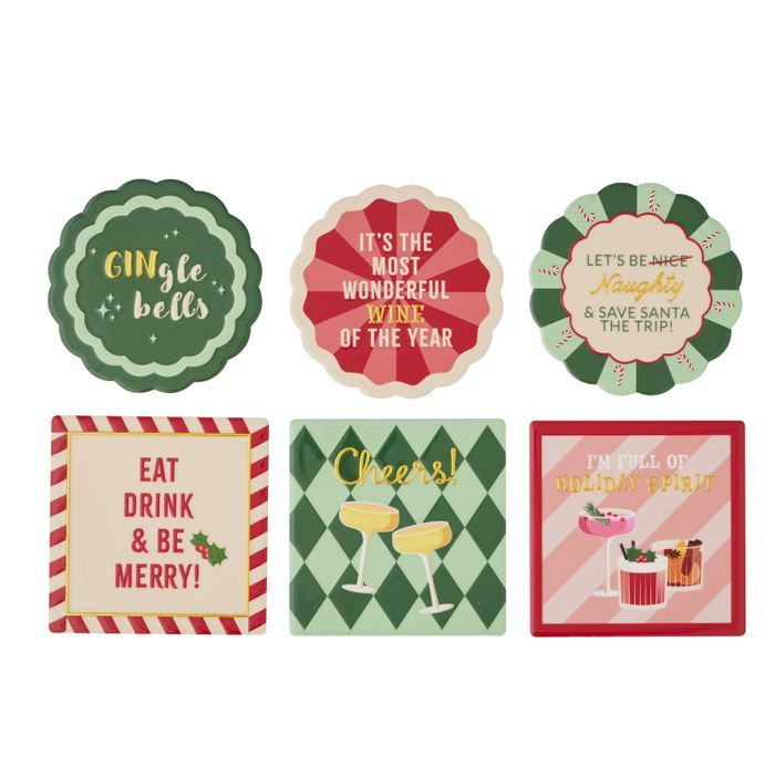 Xmas Cocktail Ceramic Coaster 10cm 6Asst