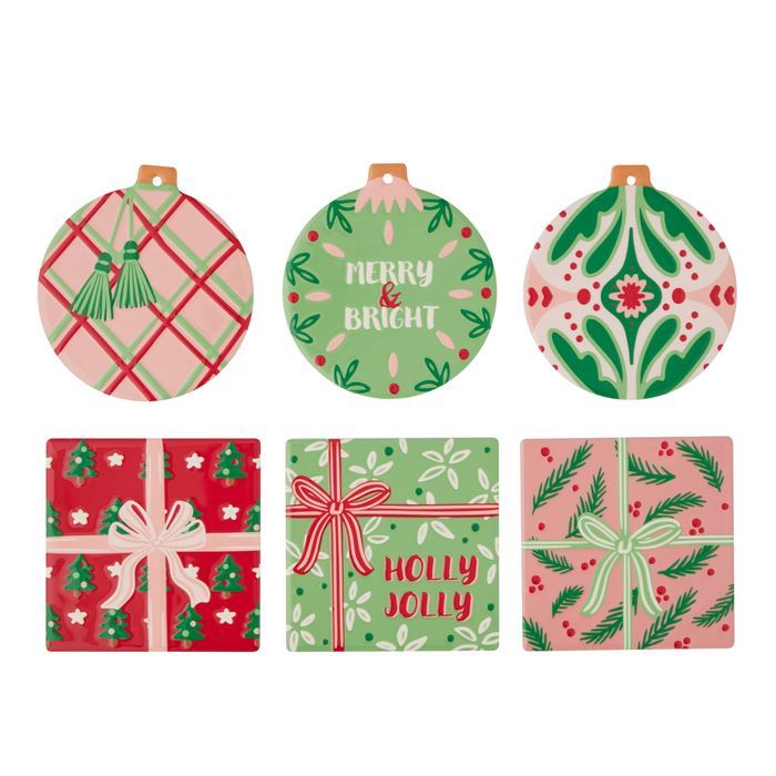 Holly Jolly Ceramic Coaster 10cm 6 Asst