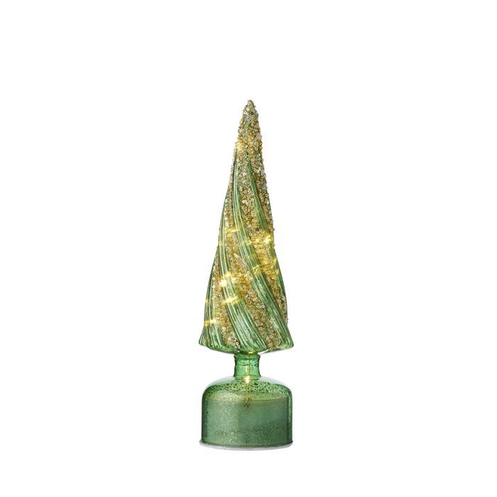 Swirly Cone Tree/LED Glass 34cm Grn/Gld