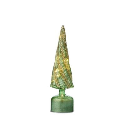 Swirly Cone Tree/LED Glass 34cm Grn/Gld