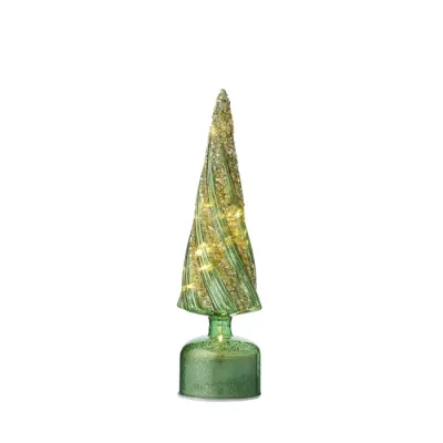 Swirly Cone Tree/LED Glass 40cm Grn/Gld
