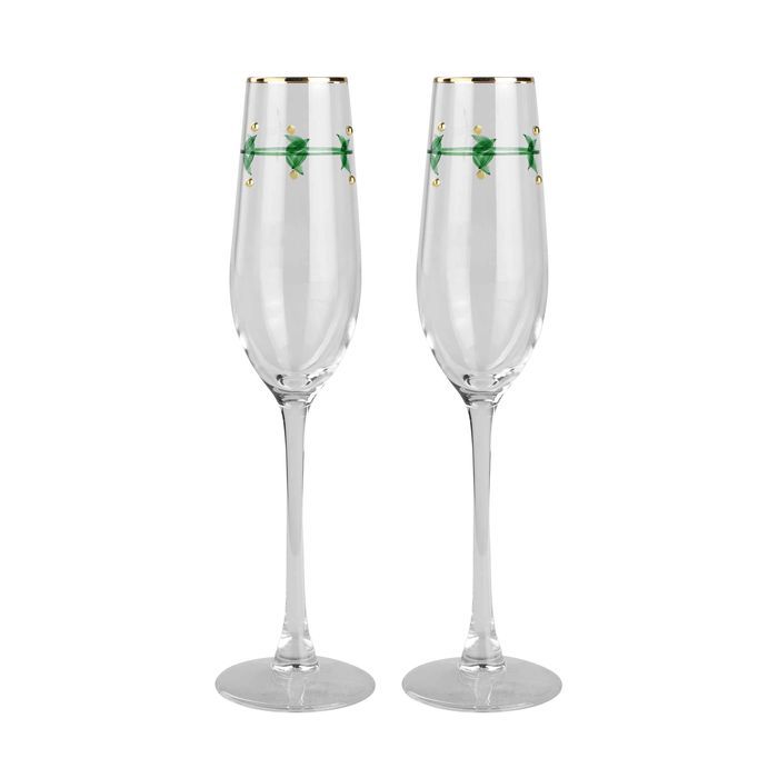 S/2 Flute Glass Holly 7x26cm Clear/Grn