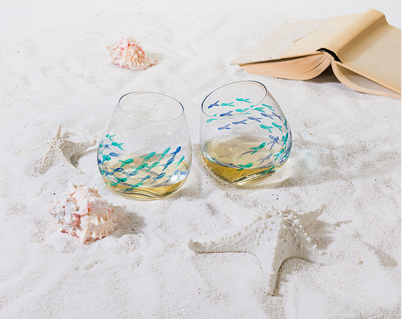 BLU/GRN FISH STEMLESS WINE GLASS