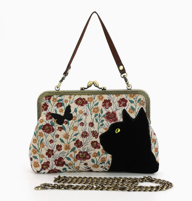FLORAL BLACK CAT KISSLOCK BAG