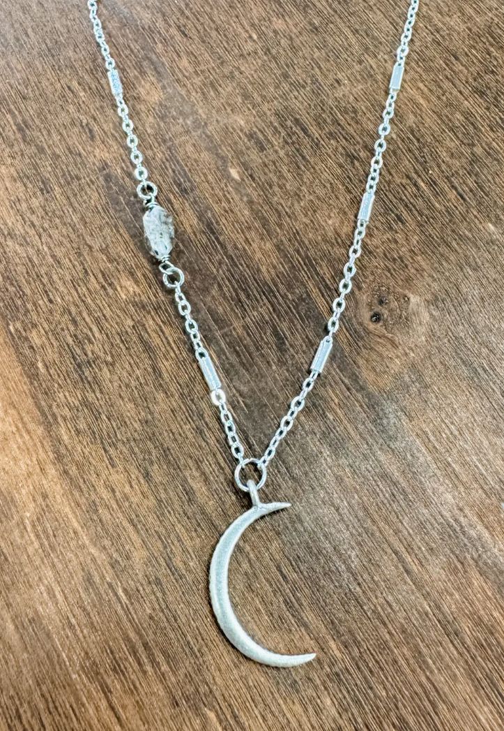 HERKIMER DIAMOND CRESCENT MOON NECKLACE-SILVERTONE