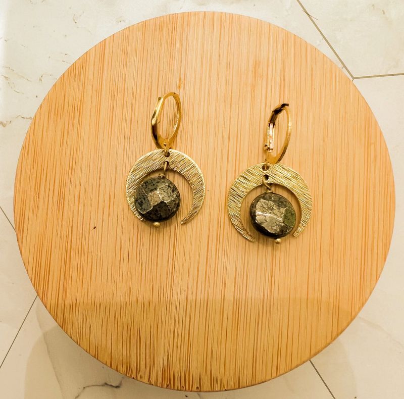 PYRITE QUARTER MOON EARRING
