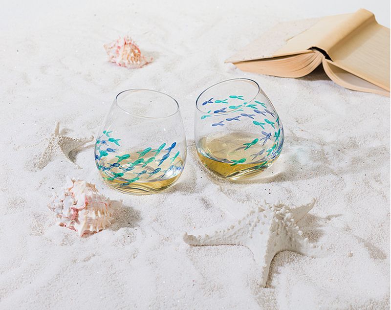 BLU/GRN FISH STEMLESS WINE GLASS