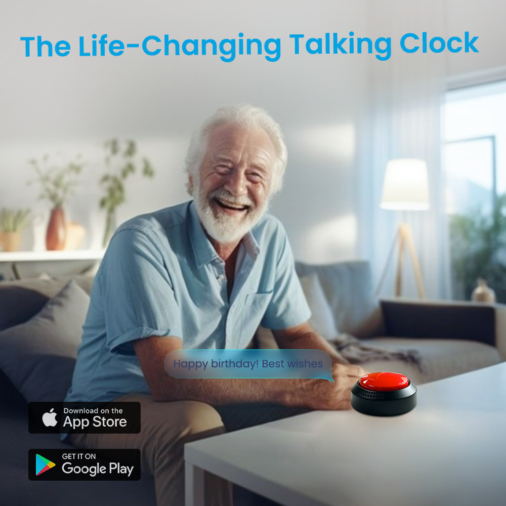 Large Button Talking Clock with Alarm for Visually Impaired, Elderly, Blind, Dementia, Parkinson’s, Alzheimer’s Extras with iOS and Android app - English