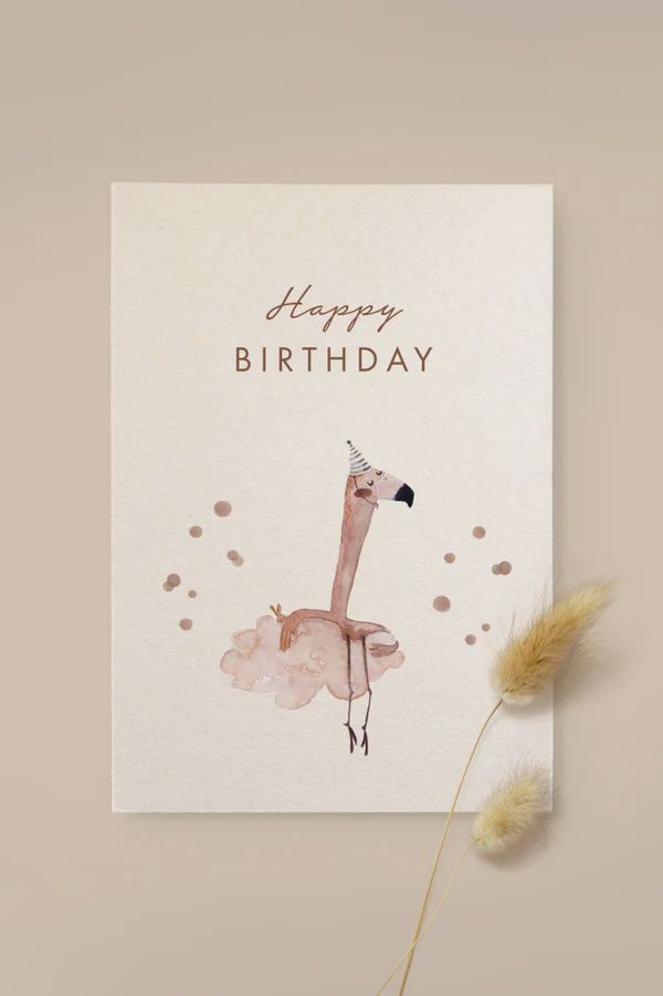 Karte Flamingo „Happy Birthday“ aus Holzschliffpappe
