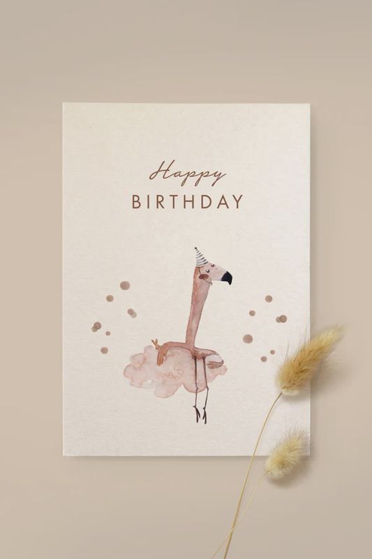 Karte Flamingo „Happy Birthday“ aus Holzschliffpappe