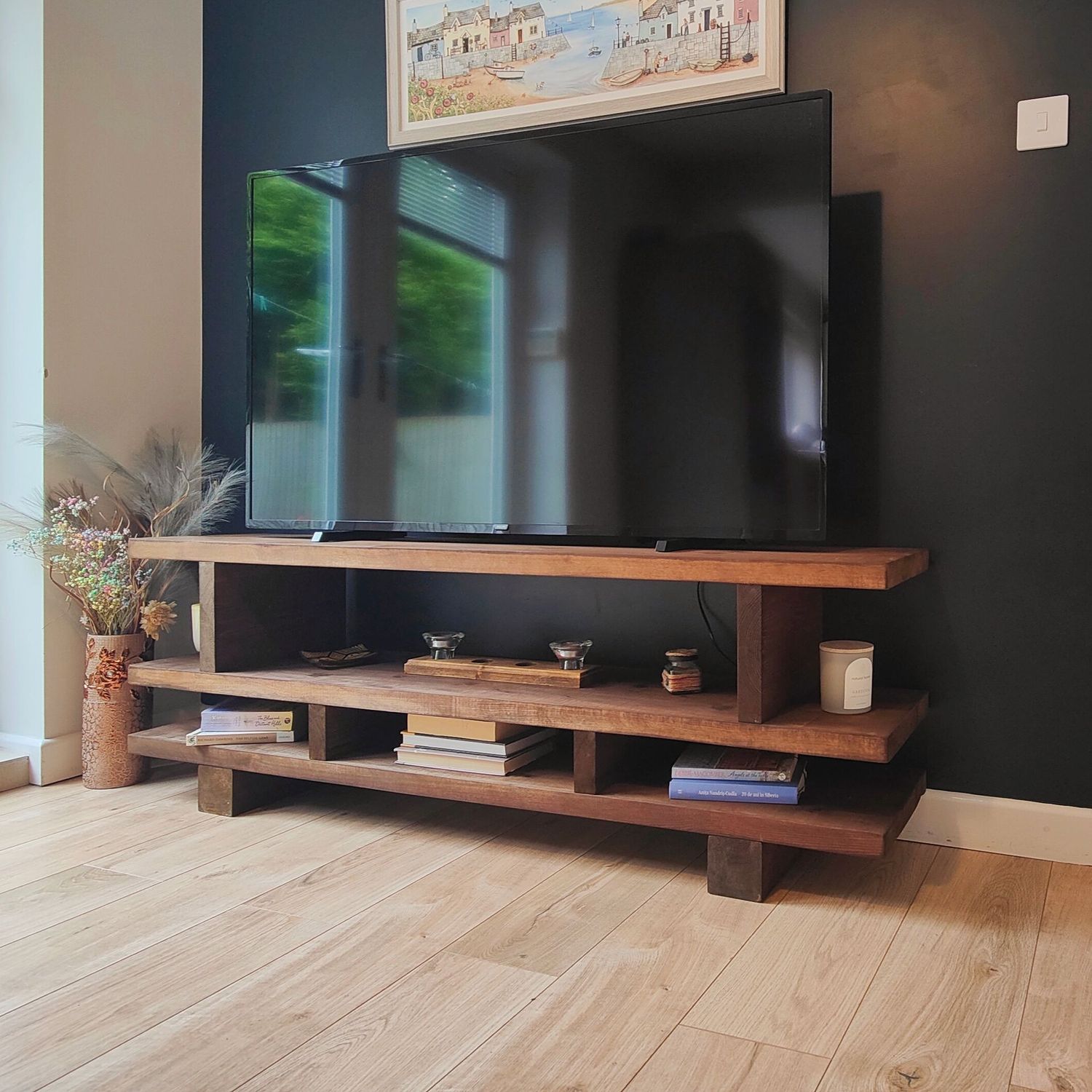 Rustic Solid Wood TV Unit – Handmade Farmhouse Media Console