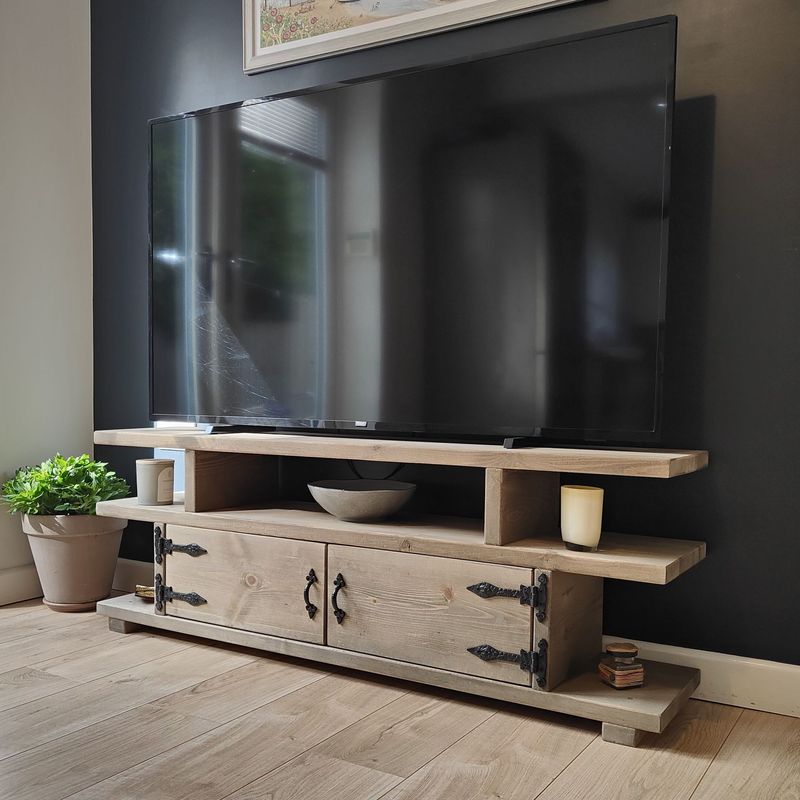Handmade Rustic TV Unit – Solid Wood Farmhouse Media Console
